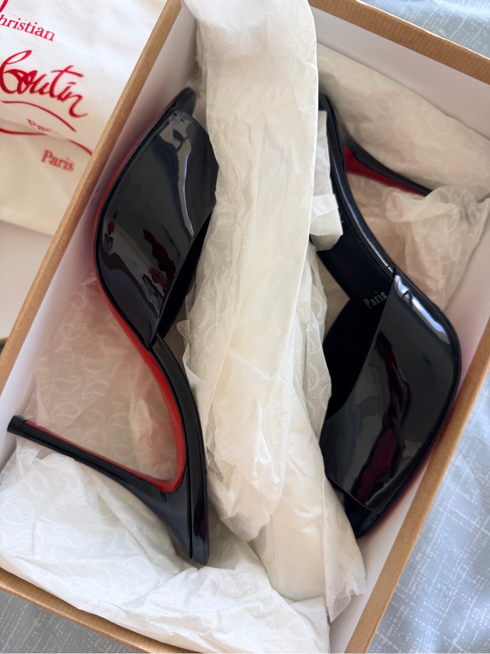 Christian Louboutin Black Patent Leather Open-Toe Heels with Red Soles